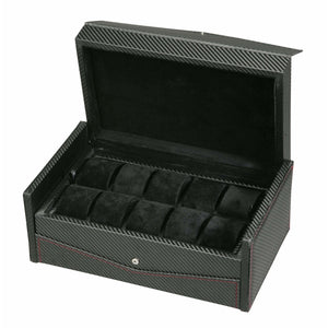 Diplomat Watch Case Diplomat 31-444 Black Carbon Fiber Pattern Ten Watch Case with Red Stitching and Black Suede Interior and Removable Trays