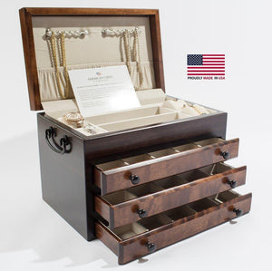 American Chests Jewelry Chest American Chests #JFB3 Exotic Flaming AMISH Birch; 3-Drwr Jeweler: AMISH Crafted