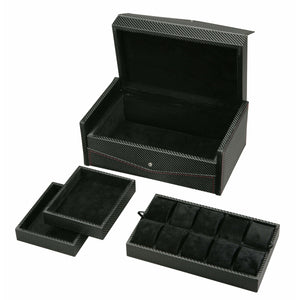 Diplomat Watch Case Diplomat 31-444 Black Carbon Fiber Pattern Ten Watch Case with Red Stitching and Black Suede Interior and Removable Trays