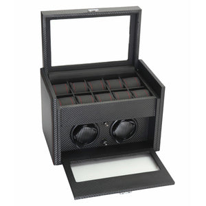 Diplomat Watch Winders Diplomat 34-702 Black Carbon Fiber Double Watch Winder with Additional Storage