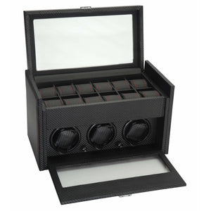 Diplomat Watch Winders Diplomat 34-703 Black Carbon Fiber  Three Watch Winder Additional Storage