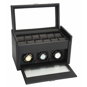 Diplomat Watch Winders Diplomat 34-703 Black Carbon Fiber  Three Watch Winder Additional Storage