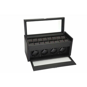 Diplomat Watch Winders Diplomat 34-704 Black Carbon Fiber Four Watch Winder with Additional Storage