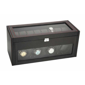 Diplomat Watch Winders Diplomat 34-704 Black Carbon Fiber Four Watch Winder with Additional Storage
