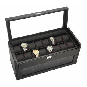 Diplomat Watch Winders Diplomat 34-704 Black Carbon Fiber Four Watch Winder with Additional Storage