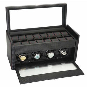 Diplomat Watch Winders Diplomat 34-704 Black Carbon Fiber Four Watch Winder with Additional Storage
