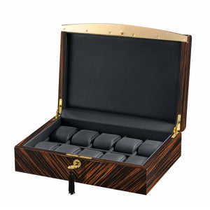 Volta Watch Case Volta - 31560930 10 Watch Case with Gold Accents and Black Leather Interior-  Ebony Wood