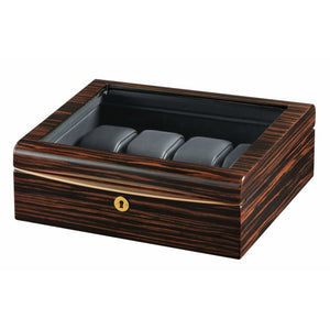 Volta Watch Case Volta - 31560940 8 Watch Case with Gold Accents and Black Leather Interior and See Through Top- Ebony Wood