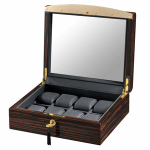 Volta Watch Case Volta - 31560940 8 Watch Case with Gold Accents and Black Leather Interior and See Through Top- Ebony Wood