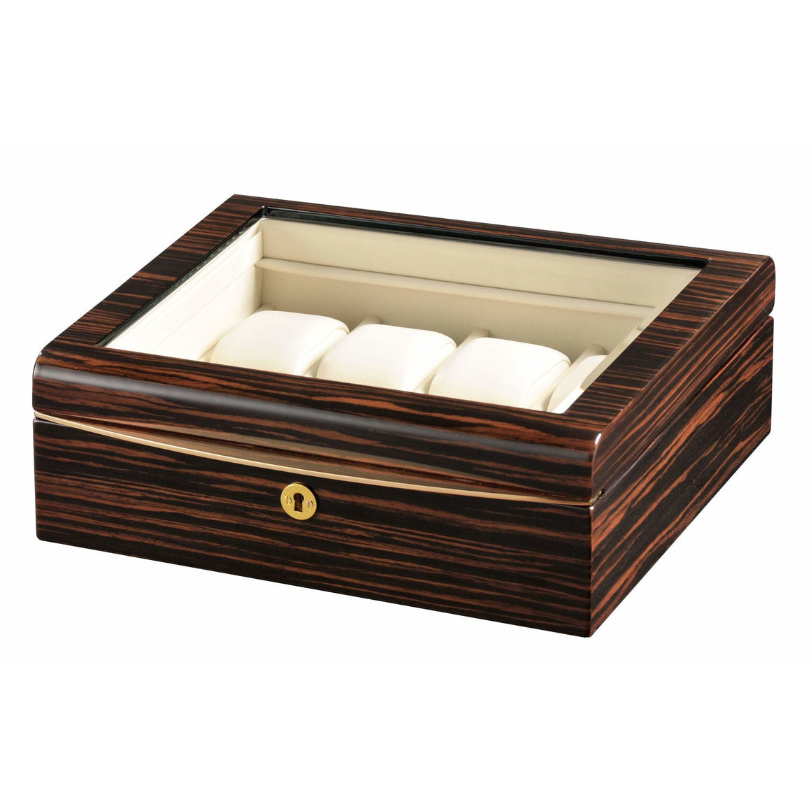 Volta Watch Case Volta - 31560942 8 Watch Case with Gold Accents and Cream Leather Interior and See Through Top- Ebony Wood