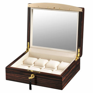 Volta Watch Case Volta - 31560942 8 Watch Case with Gold Accents and Cream Leather Interior and See Through Top- Ebony Wood
